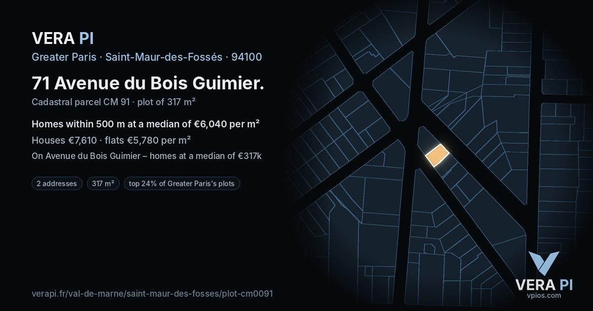 71 Avenue du Bois Guimier, Saint-Maur-des-Fossés at night – the plot lit, the parcels around coloured by the prices near them