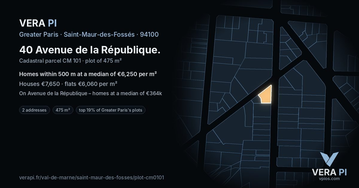 40 Avenue de la République, Saint-Maur-des-Fossés at night – the plot lit, the parcels around coloured by the prices near them