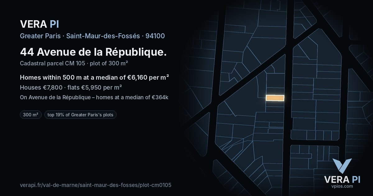 44 Avenue de la République, Saint-Maur-des-Fossés at night – the plot lit, the parcels around coloured by the prices near them