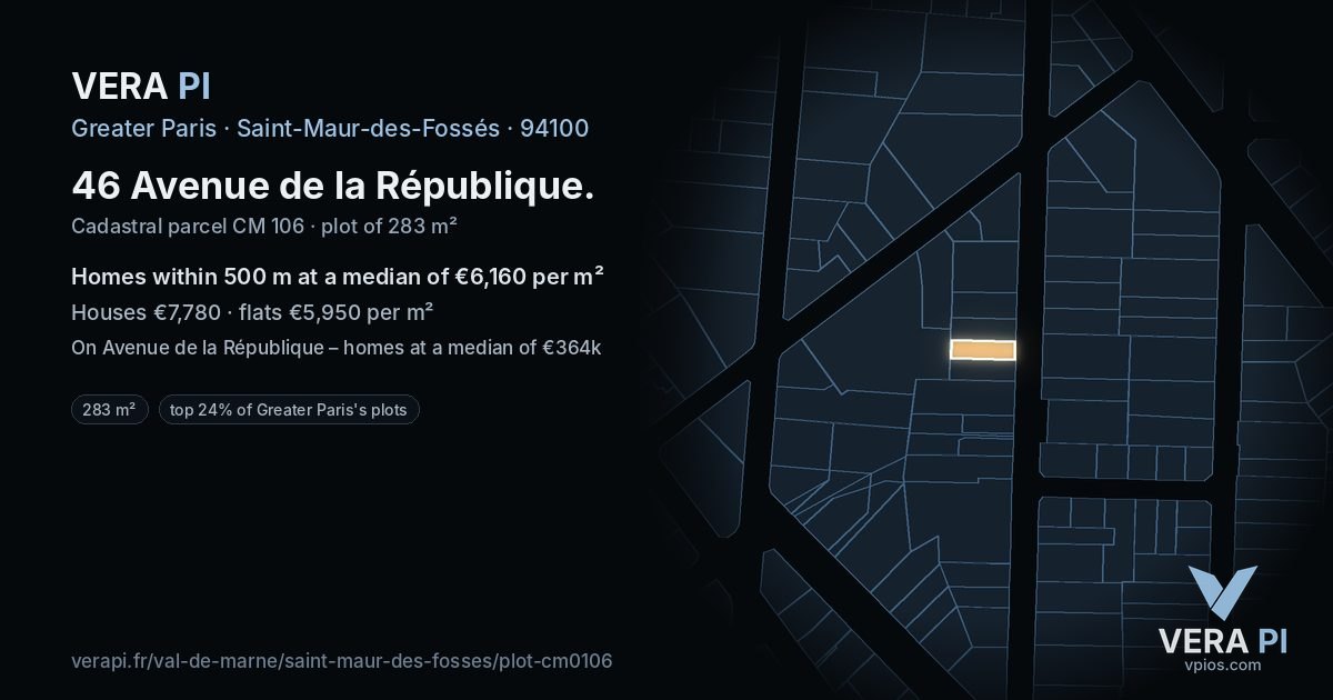 46 Avenue de la République, Saint-Maur-des-Fossés at night – the plot lit, the parcels around coloured by the prices near them