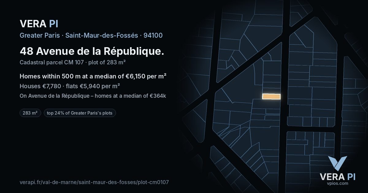 48 Avenue de la République, Saint-Maur-des-Fossés at night – the plot lit, the parcels around coloured by the prices near them