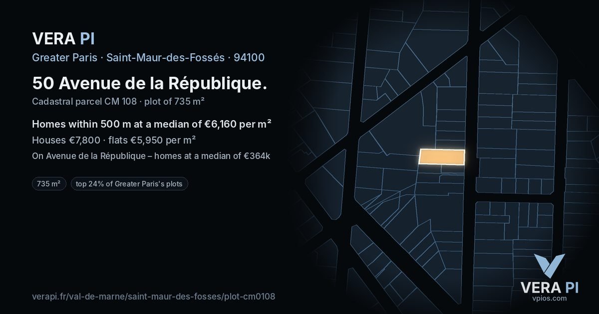 50 Avenue de la République, Saint-Maur-des-Fossés at night – the plot lit, the parcels around coloured by the prices near them