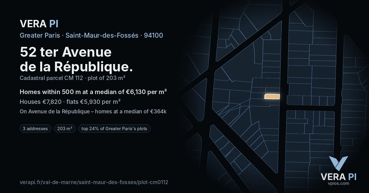 52 ter Avenue de la République, Saint-Maur-des-Fossés at night – the plot lit, the parcels around coloured by the prices near them