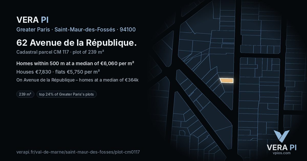62 Avenue de la République, Saint-Maur-des-Fossés at night – the plot lit, the parcels around coloured by the prices near them