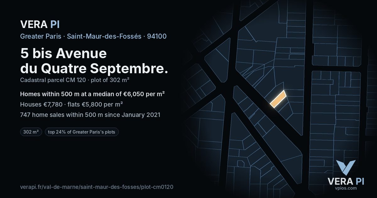 5 bis Avenue du Quatre Septembre, Saint-Maur-des-Fossés at night – the plot lit, the parcels around coloured by the prices near them