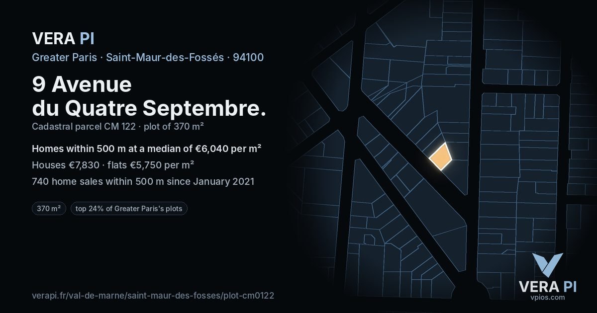 9 Avenue du Quatre Septembre, Saint-Maur-des-Fossés at night – the plot lit, the parcels around coloured by the prices near them