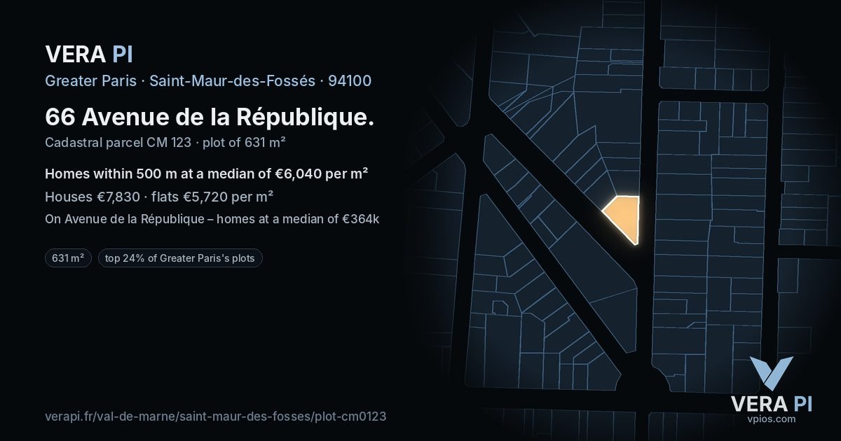 66 Avenue de la République, Saint-Maur-des-Fossés at night – the plot lit, the parcels around coloured by the prices near them