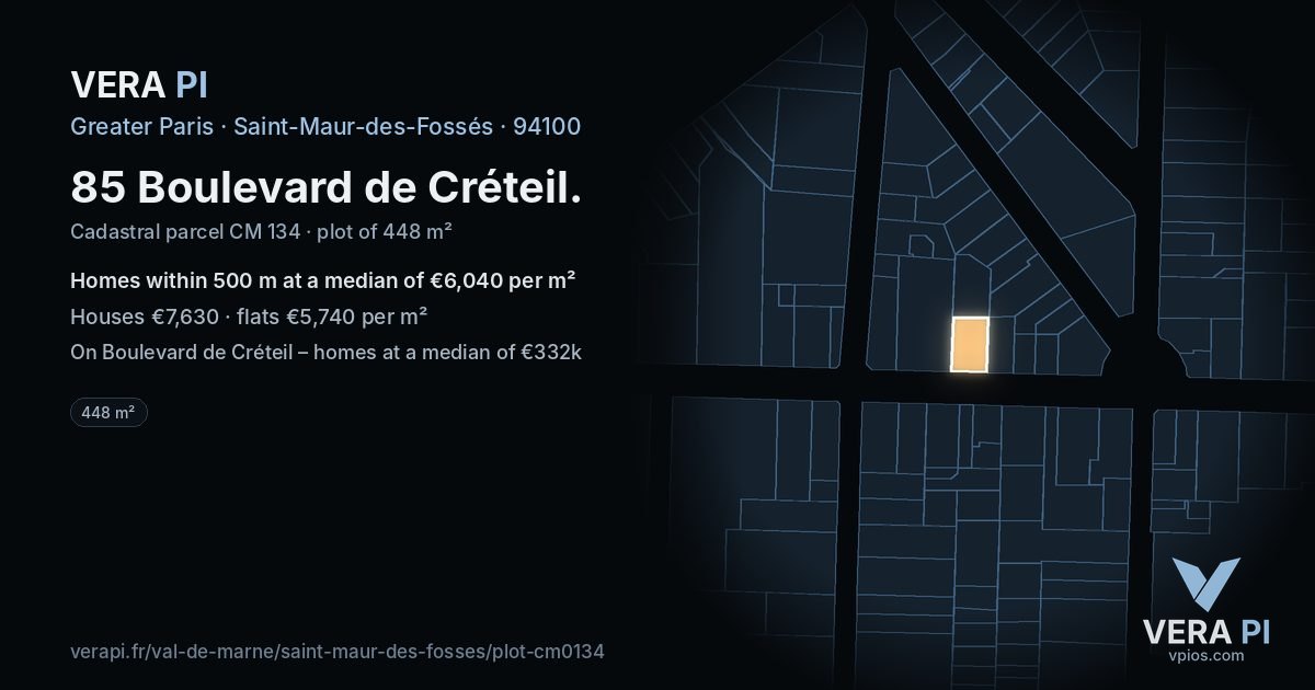 85 Boulevard de Créteil, Saint-Maur-des-Fossés at night – the plot lit, the parcels around coloured by the prices near them