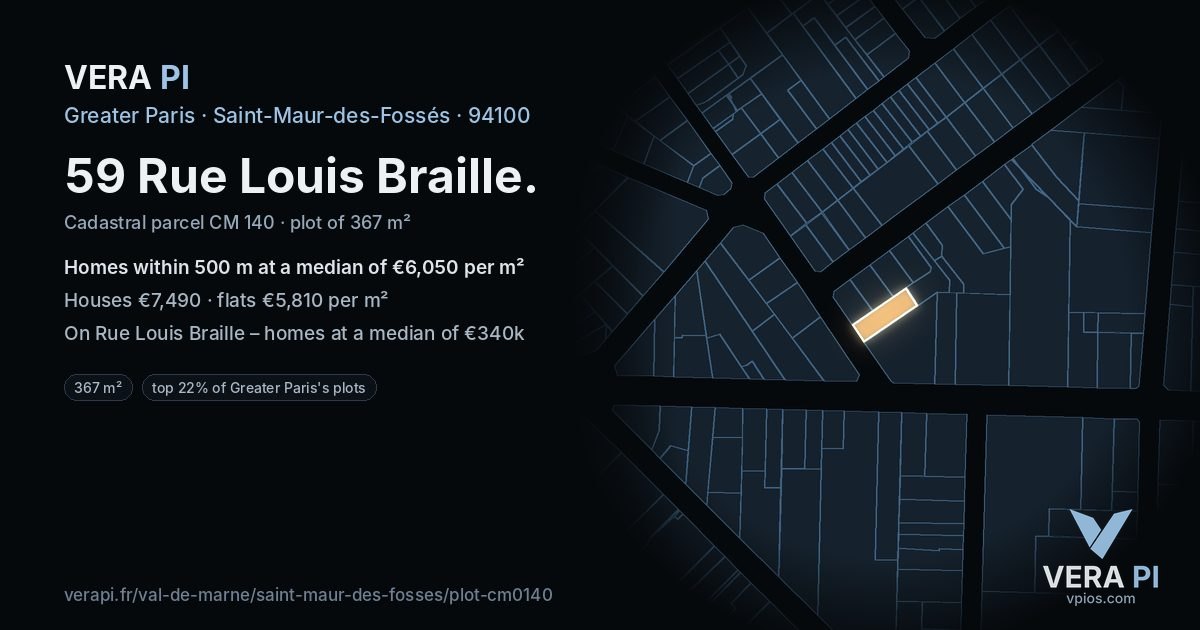 59 Rue Louis Braille, Saint-Maur-des-Fossés at night – the plot lit, the parcels around coloured by the prices near them