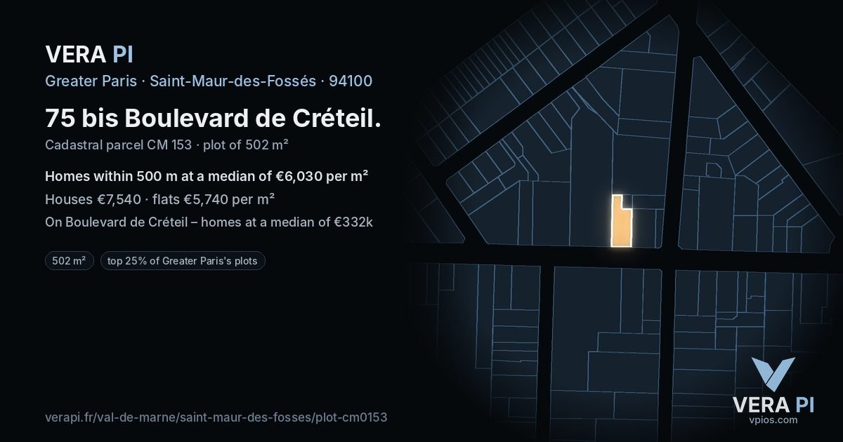 75 bis Boulevard de Créteil, Saint-Maur-des-Fossés at night – the plot lit, the parcels around coloured by the prices near them