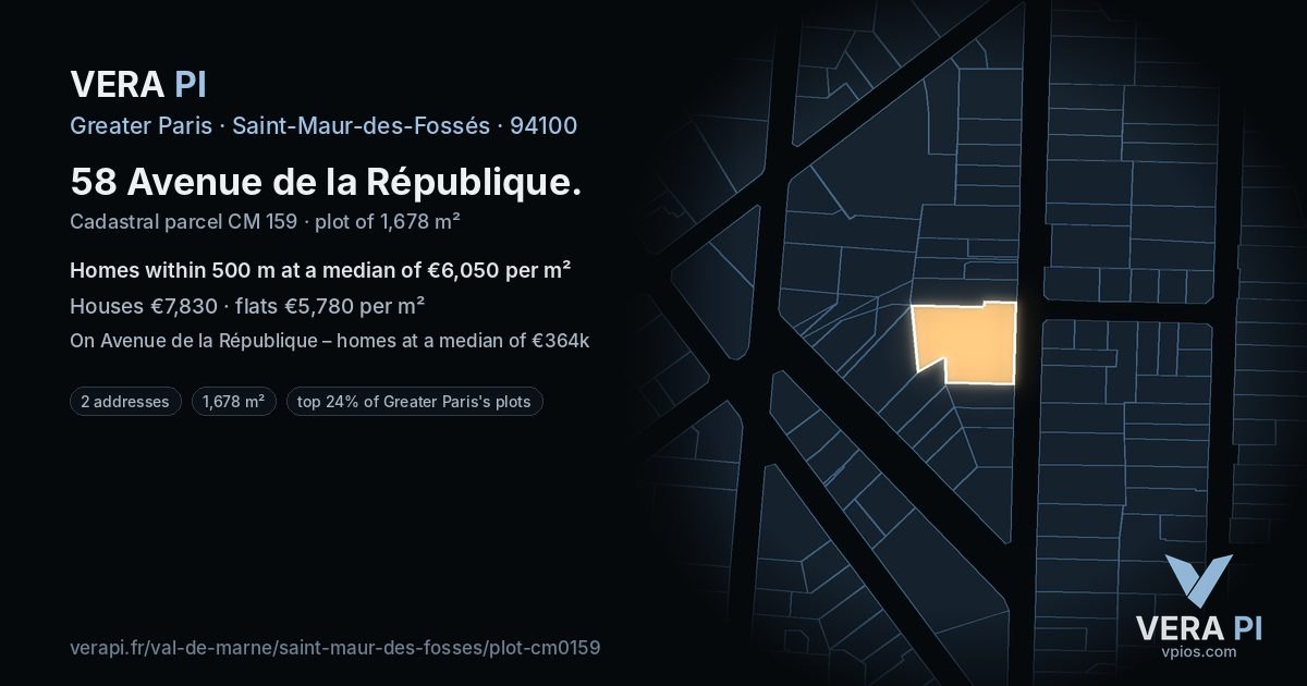 58 Avenue de la République, Saint-Maur-des-Fossés at night – the plot lit, the parcels around coloured by the prices near them