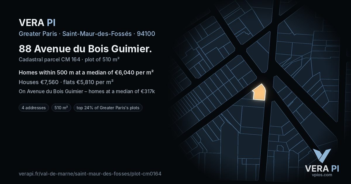 88 Avenue du Bois Guimier, Saint-Maur-des-Fossés at night – the plot lit, the parcels around coloured by the prices near them