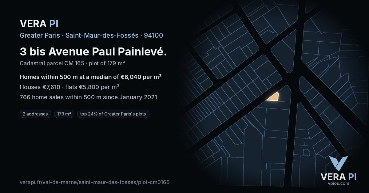 3 bis Avenue Paul Painlevé, Saint-Maur-des-Fossés at night – the plot lit, the parcels around coloured by the prices near them