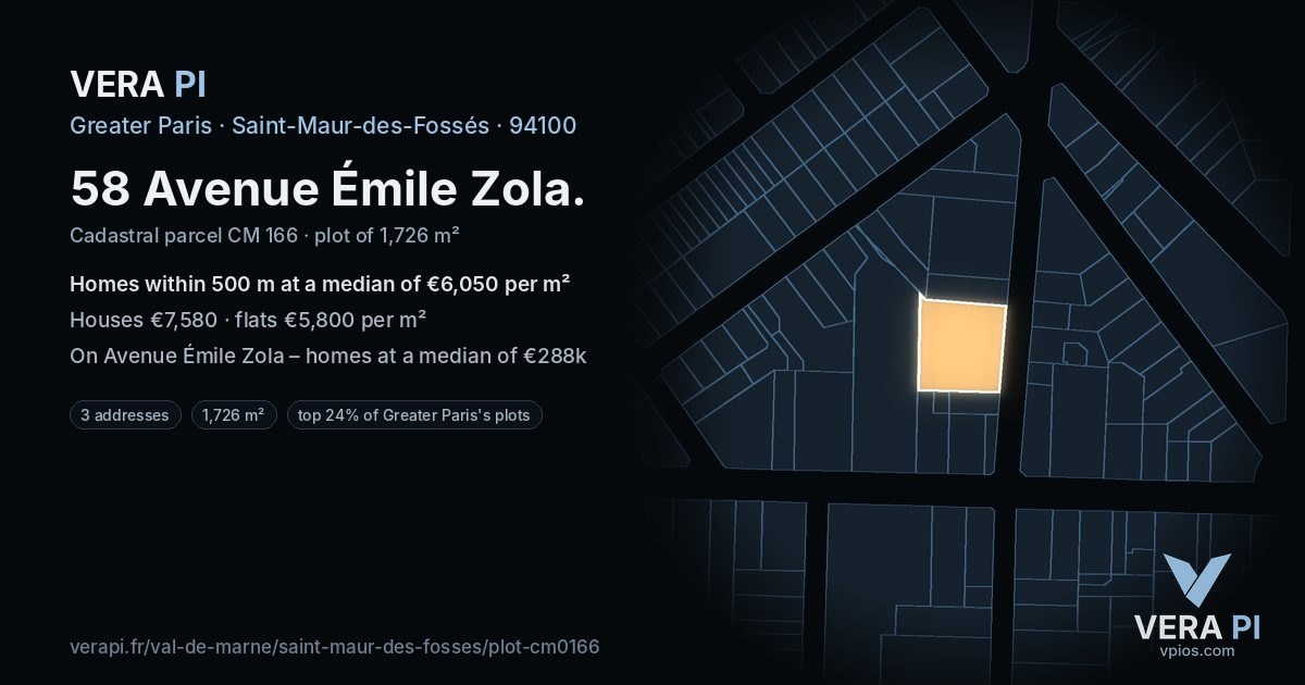 58 Avenue Émile Zola, Saint-Maur-des-Fossés at night – the plot lit, the parcels around coloured by the prices near them