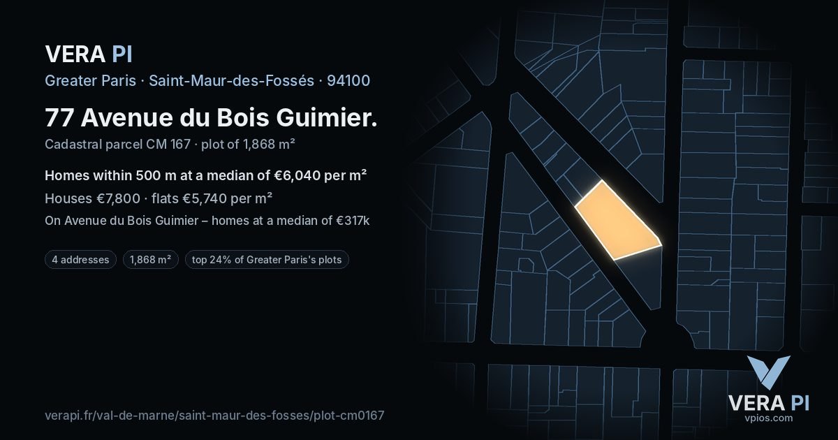 77 Avenue du Bois Guimier, Saint-Maur-des-Fossés at night – the plot lit, the parcels around coloured by the prices near them
