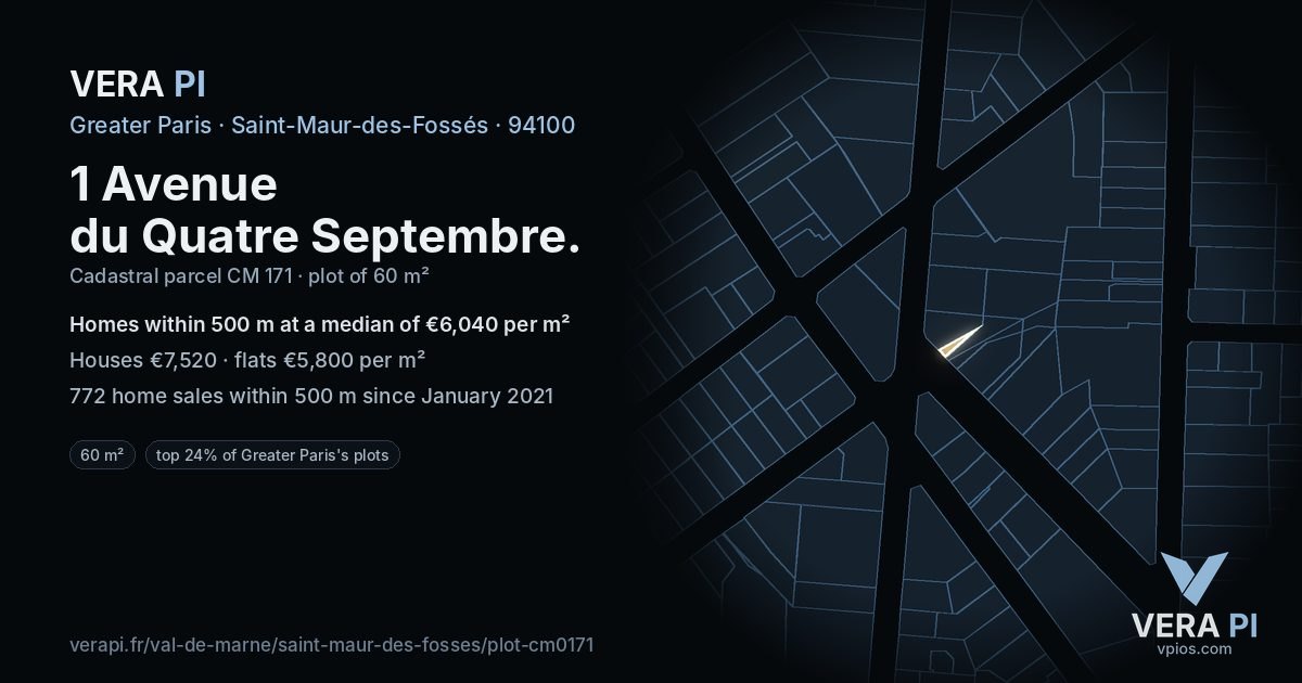 1 Avenue du Quatre Septembre, Saint-Maur-des-Fossés at night – the plot lit, the parcels around coloured by the prices near them