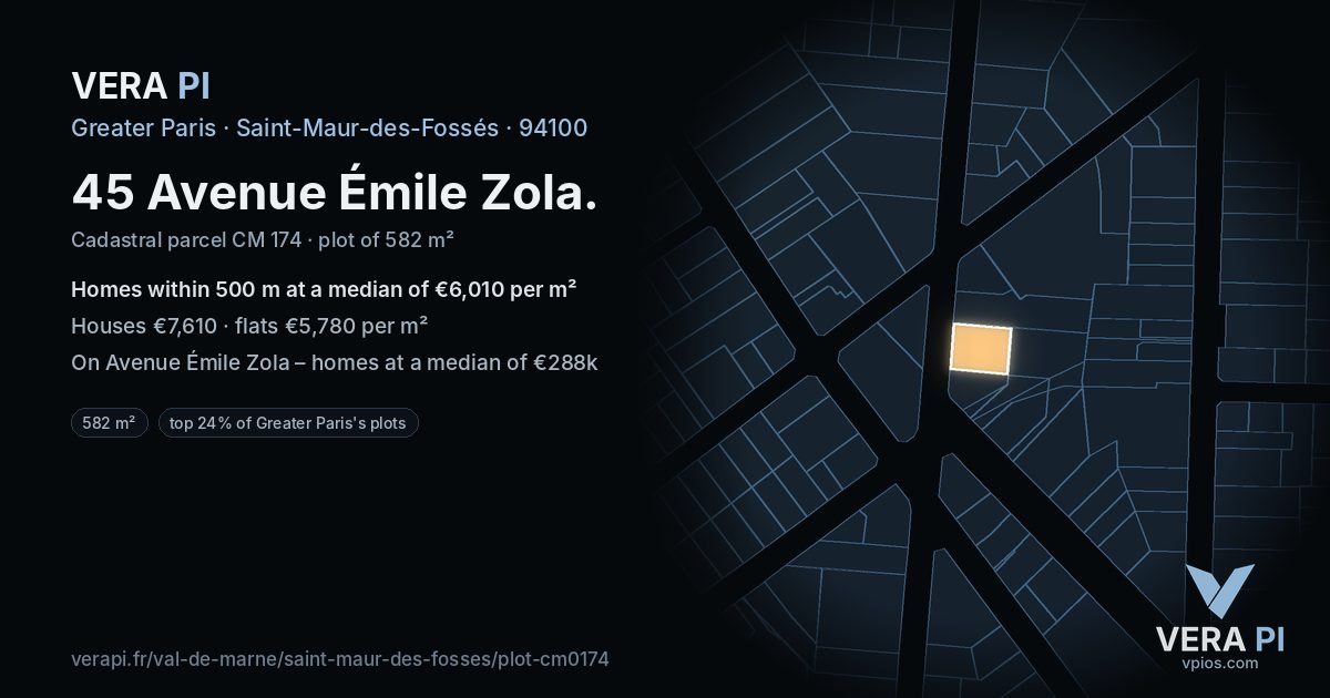 45 Avenue Émile Zola, Saint-Maur-des-Fossés at night – the plot lit, the parcels around coloured by the prices near them