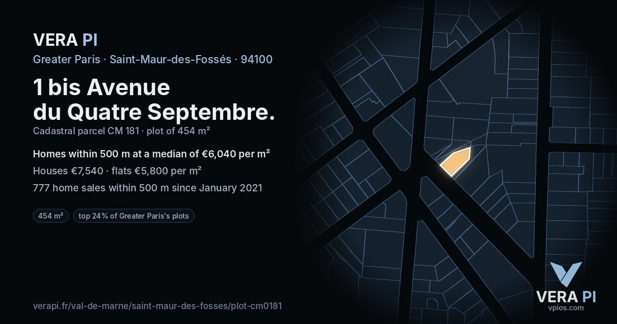 1 bis Avenue du Quatre Septembre, Saint-Maur-des-Fossés at night – the plot lit, the parcels around coloured by the prices near them