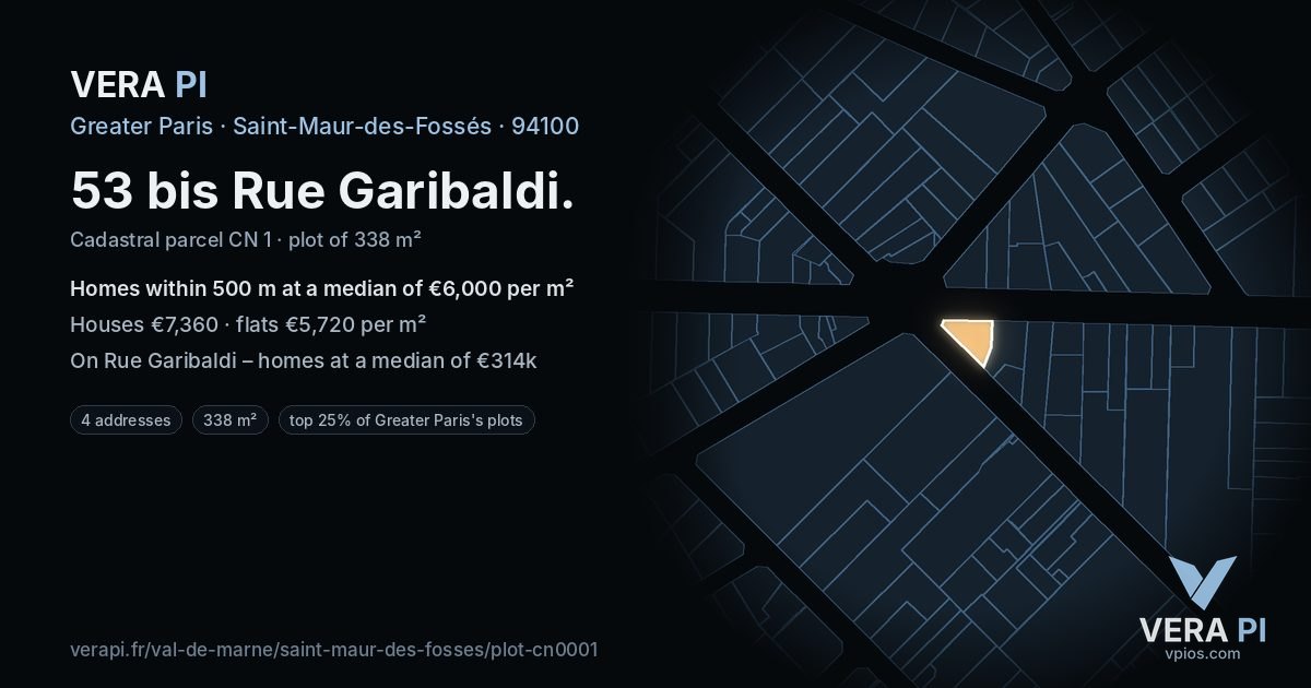 53 bis Rue Garibaldi, Saint-Maur-des-Fossés at night – the plot lit, the parcels around coloured by the prices near them