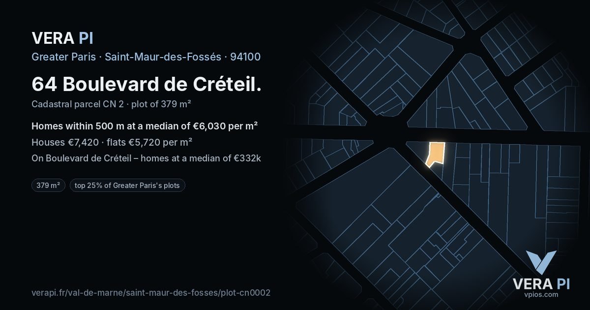 64 Boulevard de Créteil, Saint-Maur-des-Fossés at night – the plot lit, the parcels around coloured by the prices near them