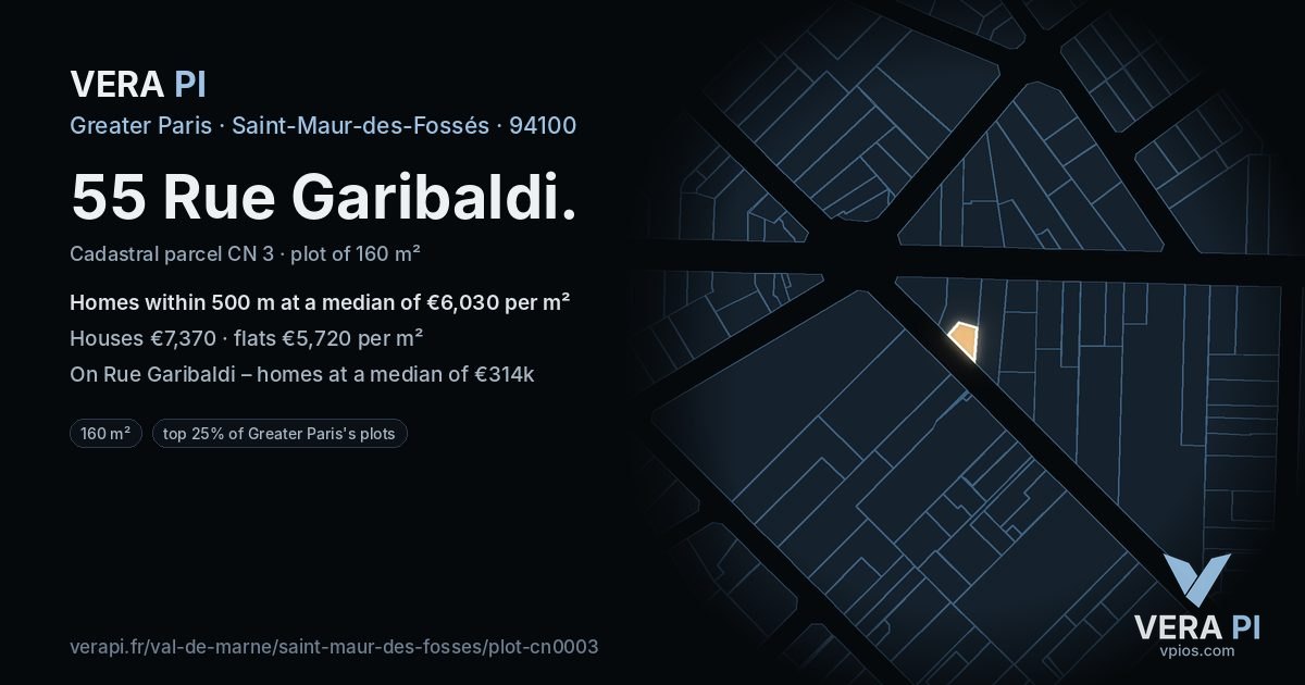 55 Rue Garibaldi, Saint-Maur-des-Fossés at night – the plot lit, the parcels around coloured by the prices near them