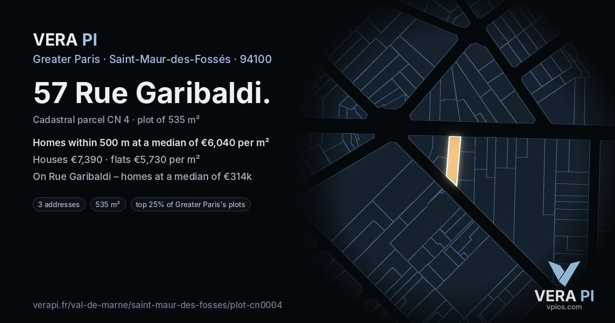 57 Rue Garibaldi, Saint-Maur-des-Fossés at night – the plot lit, the parcels around coloured by the prices near them