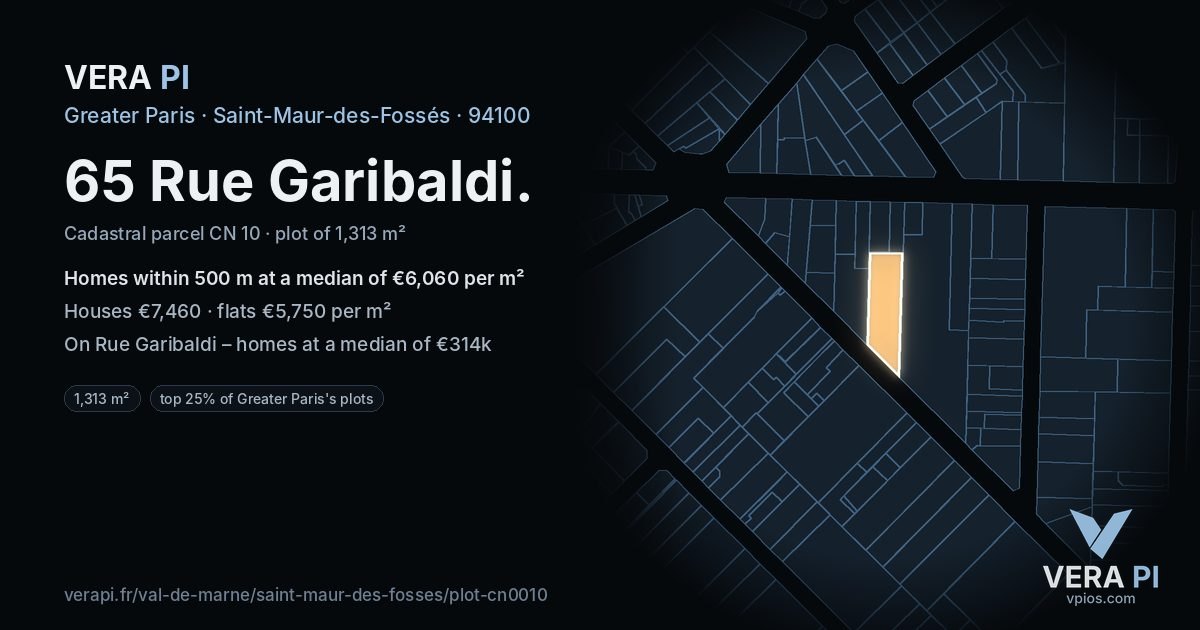 65 Rue Garibaldi, Saint-Maur-des-Fossés at night – the plot lit, the parcels around coloured by the prices near them