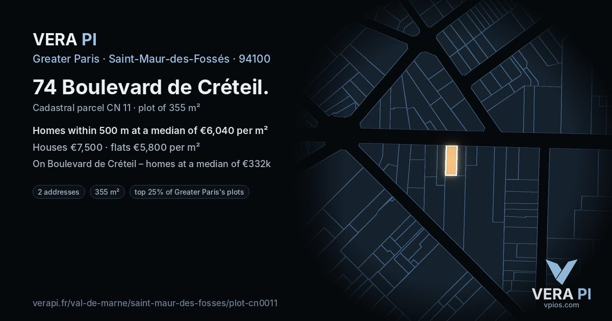 74 Boulevard de Créteil, Saint-Maur-des-Fossés at night – the plot lit, the parcels around coloured by the prices near them