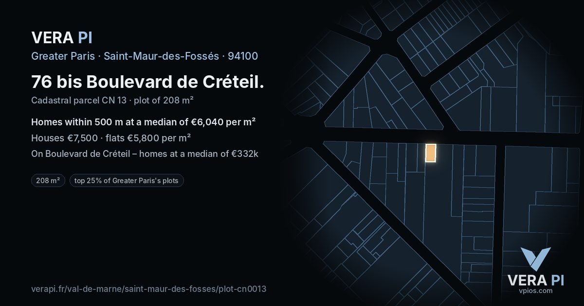 76 bis Boulevard de Créteil, Saint-Maur-des-Fossés at night – the plot lit, the parcels around coloured by the prices near them