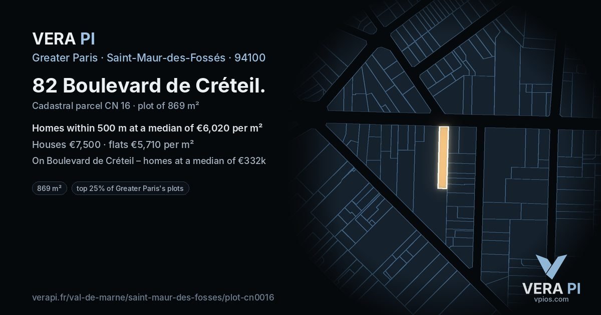 82 Boulevard de Créteil, Saint-Maur-des-Fossés at night – the plot lit, the parcels around coloured by the prices near them
