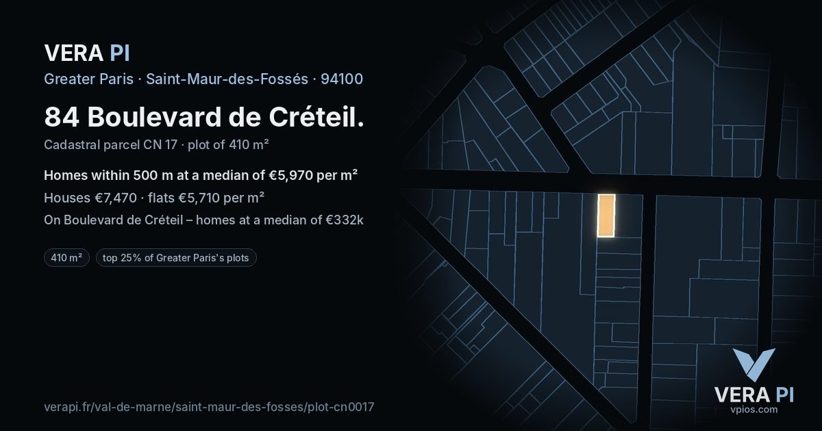 84 Boulevard de Créteil, Saint-Maur-des-Fossés at night – the plot lit, the parcels around coloured by the prices near them