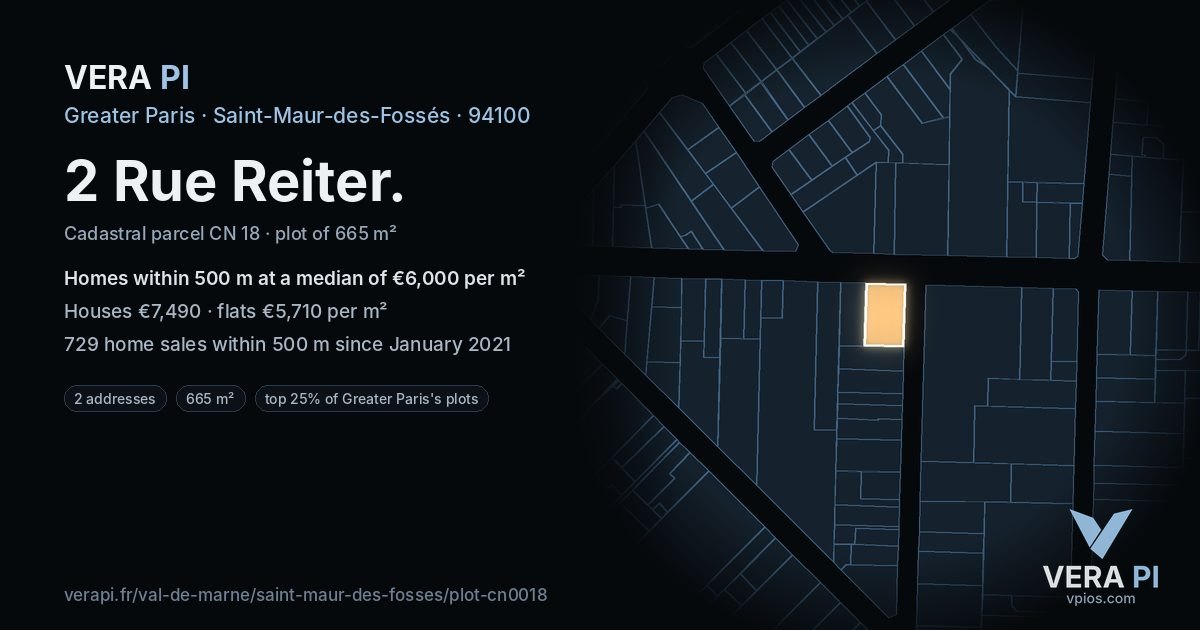 2 Rue Reiter, Saint-Maur-des-Fossés at night – the plot lit, the parcels around coloured by the prices near them