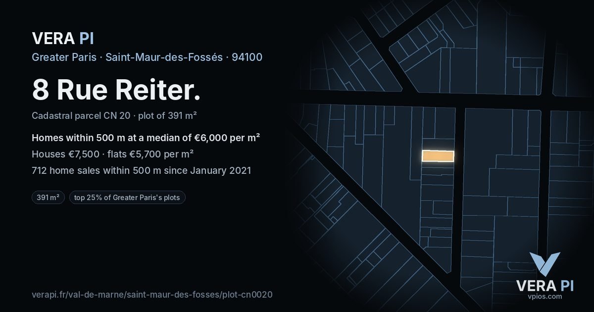 8 Rue Reiter, Saint-Maur-des-Fossés at night – the plot lit, the parcels around coloured by the prices near them