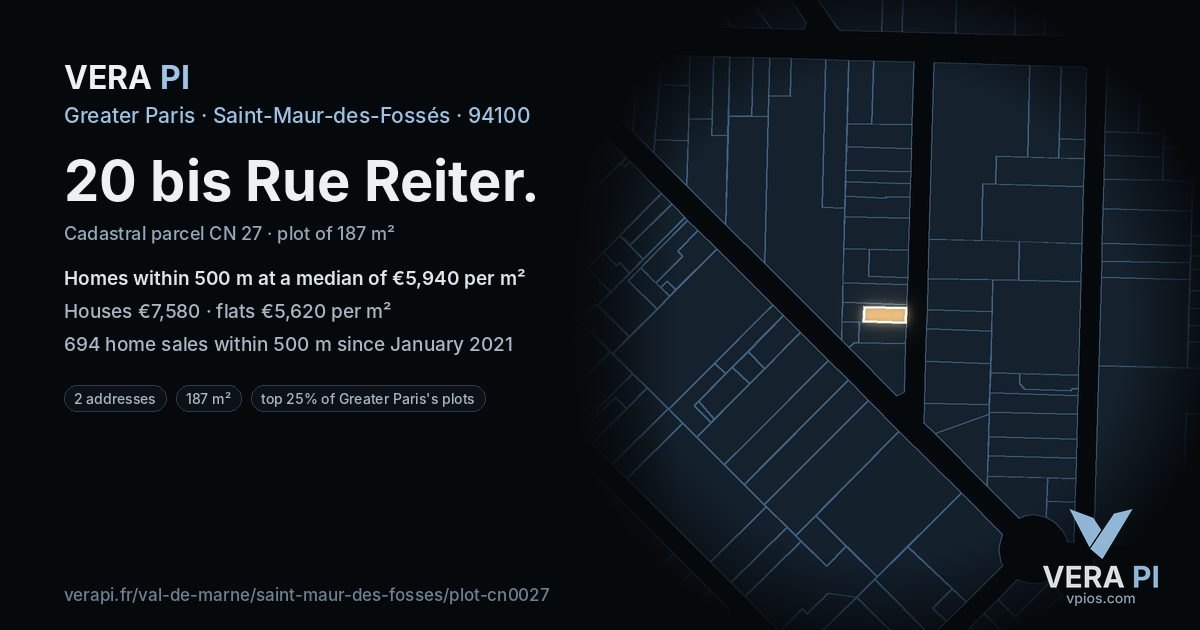 20 bis Rue Reiter, Saint-Maur-des-Fossés at night – the plot lit, the parcels around coloured by the prices near them