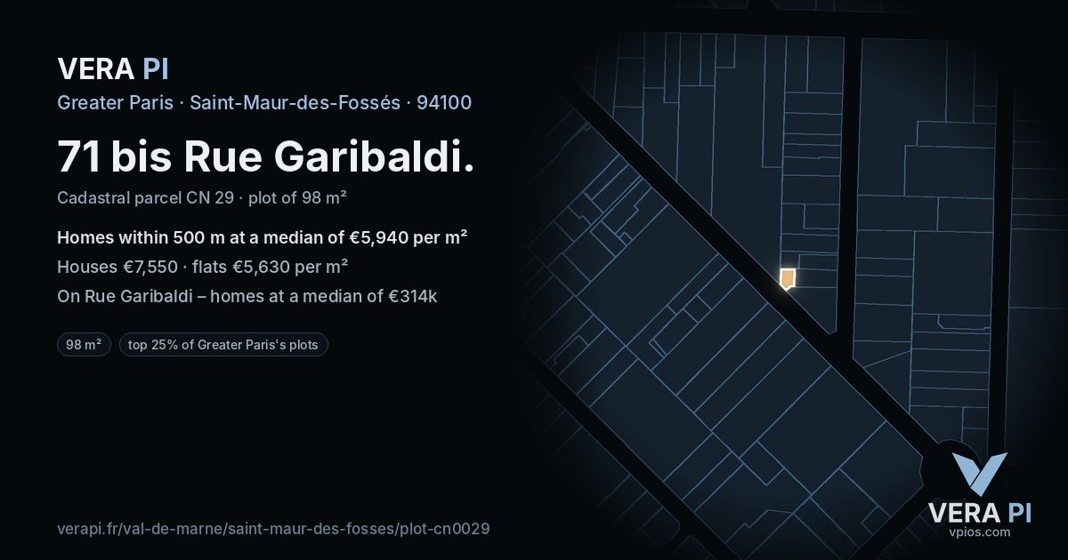 71 bis Rue Garibaldi, Saint-Maur-des-Fossés at night – the plot lit, the parcels around coloured by the prices near them