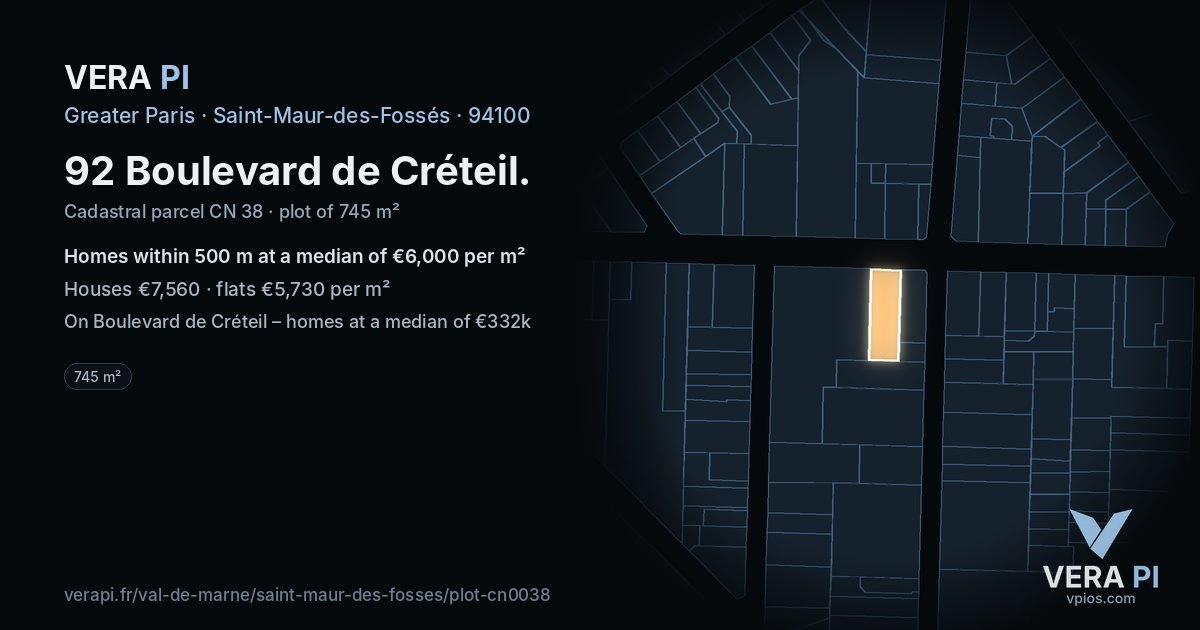92 Boulevard de Créteil, Saint-Maur-des-Fossés at night – the plot lit, the parcels around coloured by the prices near them