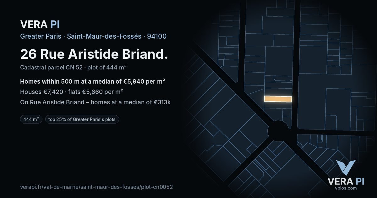 26 Rue Aristide Briand, Saint-Maur-des-Fossés at night – the plot lit, the parcels around coloured by the prices near them