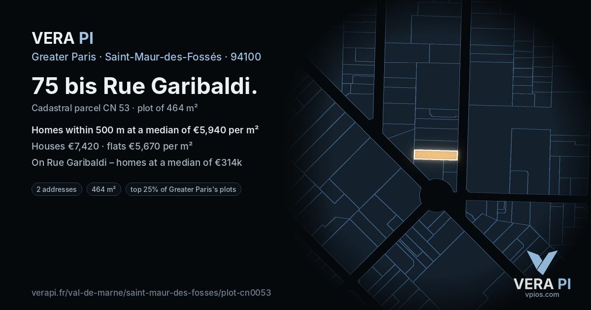 75 bis Rue Garibaldi, Saint-Maur-des-Fossés at night – the plot lit, the parcels around coloured by the prices near them