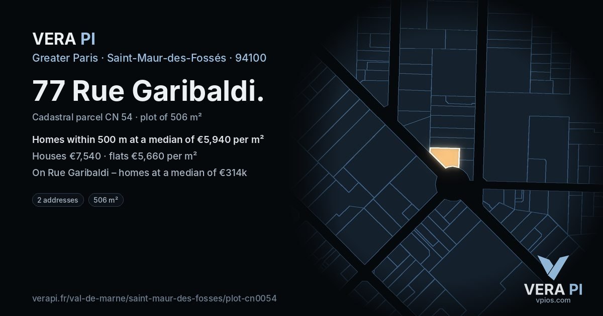 77 Rue Garibaldi, Saint-Maur-des-Fossés at night – the plot lit, the parcels around coloured by the prices near them