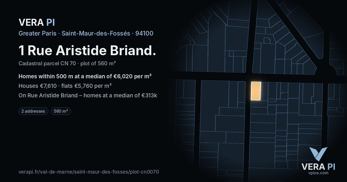 1 Rue Aristide Briand, Saint-Maur-des-Fossés at night – the plot lit, the parcels around coloured by the prices near them