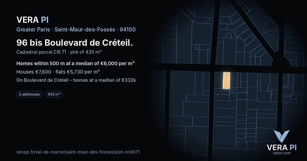 96 bis Boulevard de Créteil, Saint-Maur-des-Fossés at night – the plot lit, the parcels around coloured by the prices near them