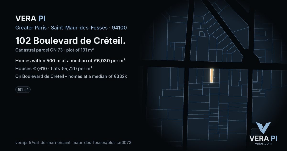 102 Boulevard de Créteil, Saint-Maur-des-Fossés at night – the plot lit, the parcels around coloured by the prices near them