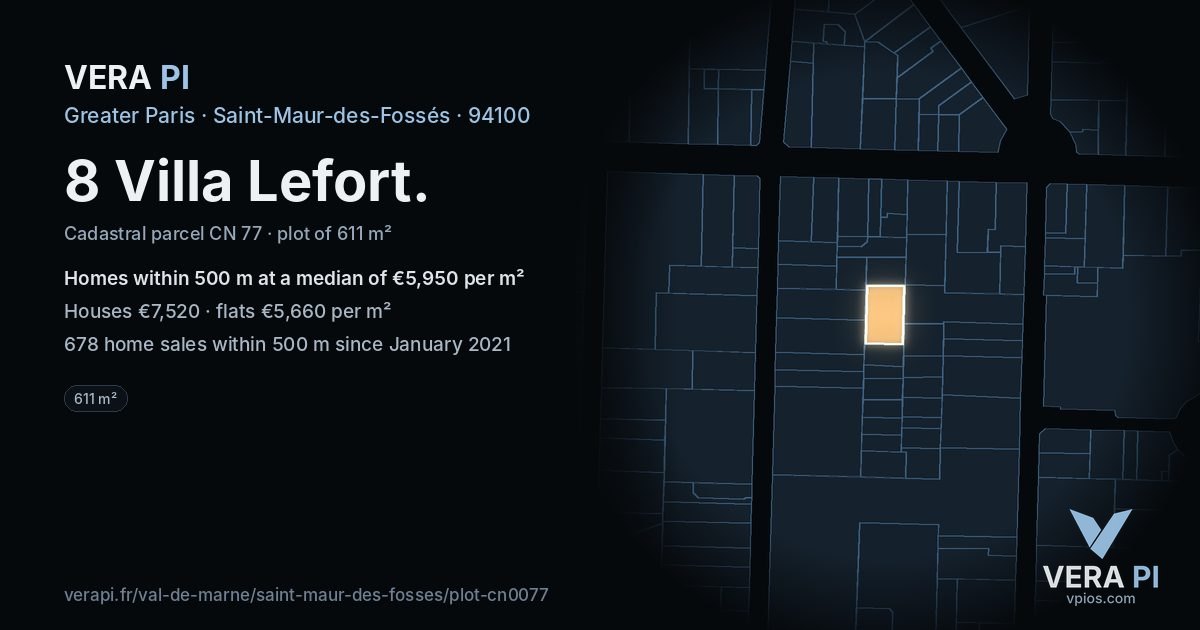 8 Villa Lefort, Saint-Maur-des-Fossés at night – the plot lit, the parcels around coloured by the prices near them