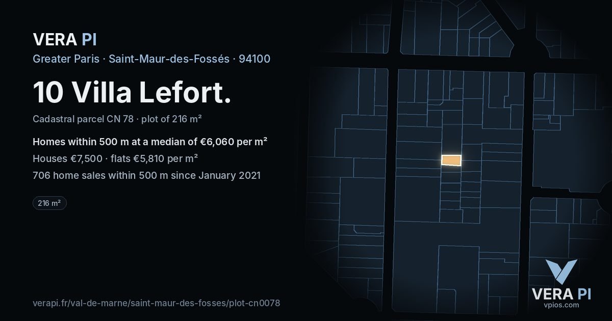 10 Villa Lefort, Saint-Maur-des-Fossés at night – the plot lit, the parcels around coloured by the prices near them
