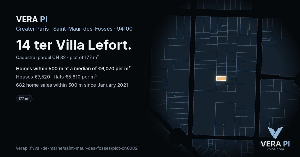 14 ter Villa Lefort, Saint-Maur-des-Fossés at night – the plot lit, the parcels around coloured by the prices near them