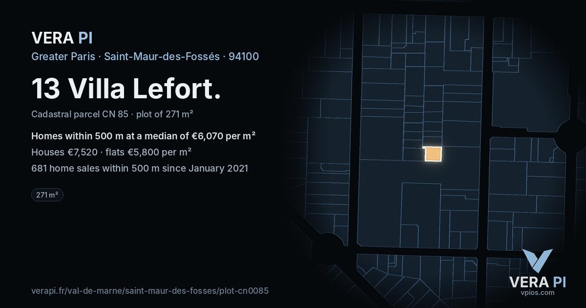 13 Villa Lefort, Saint-Maur-des-Fossés at night – the plot lit, the parcels around coloured by the prices near them