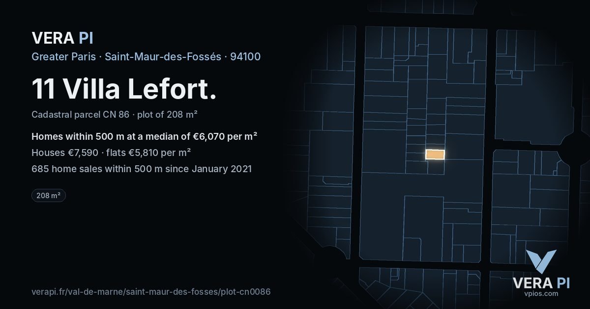11 Villa Lefort, Saint-Maur-des-Fossés at night – the plot lit, the parcels around coloured by the prices near them