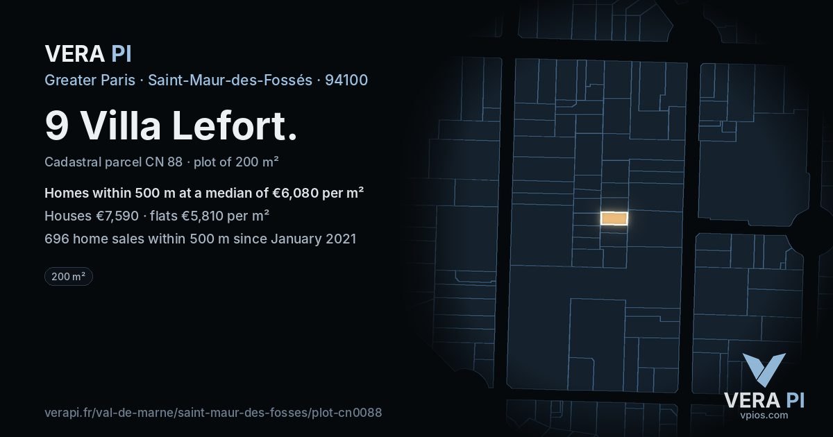 9 Villa Lefort, Saint-Maur-des-Fossés at night – the plot lit, the parcels around coloured by the prices near them