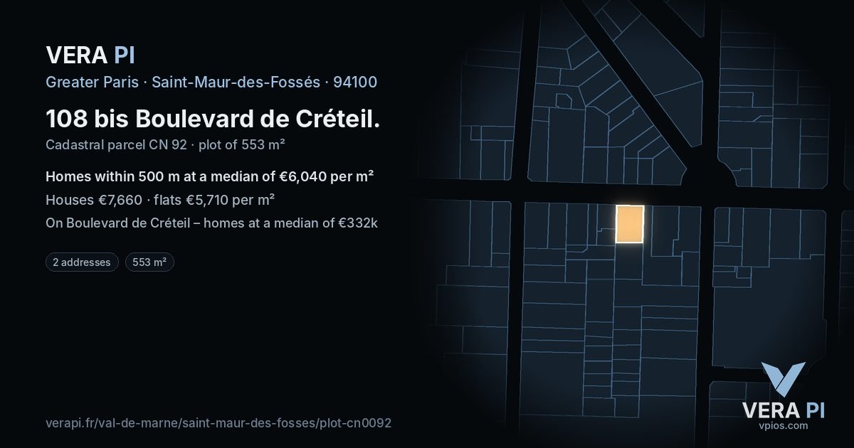 108 bis Boulevard de Créteil, Saint-Maur-des-Fossés at night – the plot lit, the parcels around coloured by the prices near them