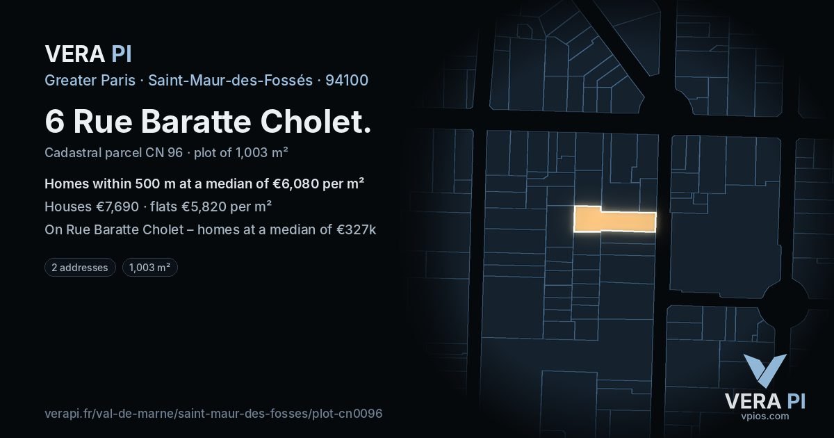 6 Rue Baratte Cholet, Saint-Maur-des-Fossés at night – the plot lit, the parcels around coloured by the prices near them
